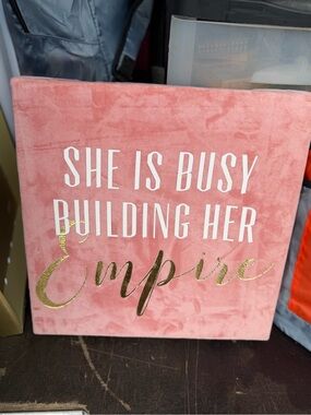 bebe Pink Velvet Wall Art with Gold Script 'She Is Busy Building Her Empire'